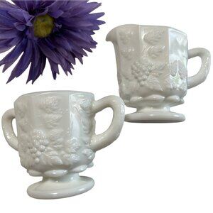 Vintage Milk Glass Creamer & Sugar Set Grapevine Pattern